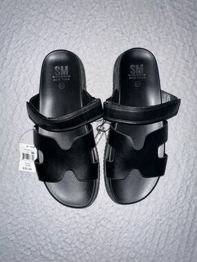 SM New York black slide sandals with Velcro strap and molded footbed size 10 NEW